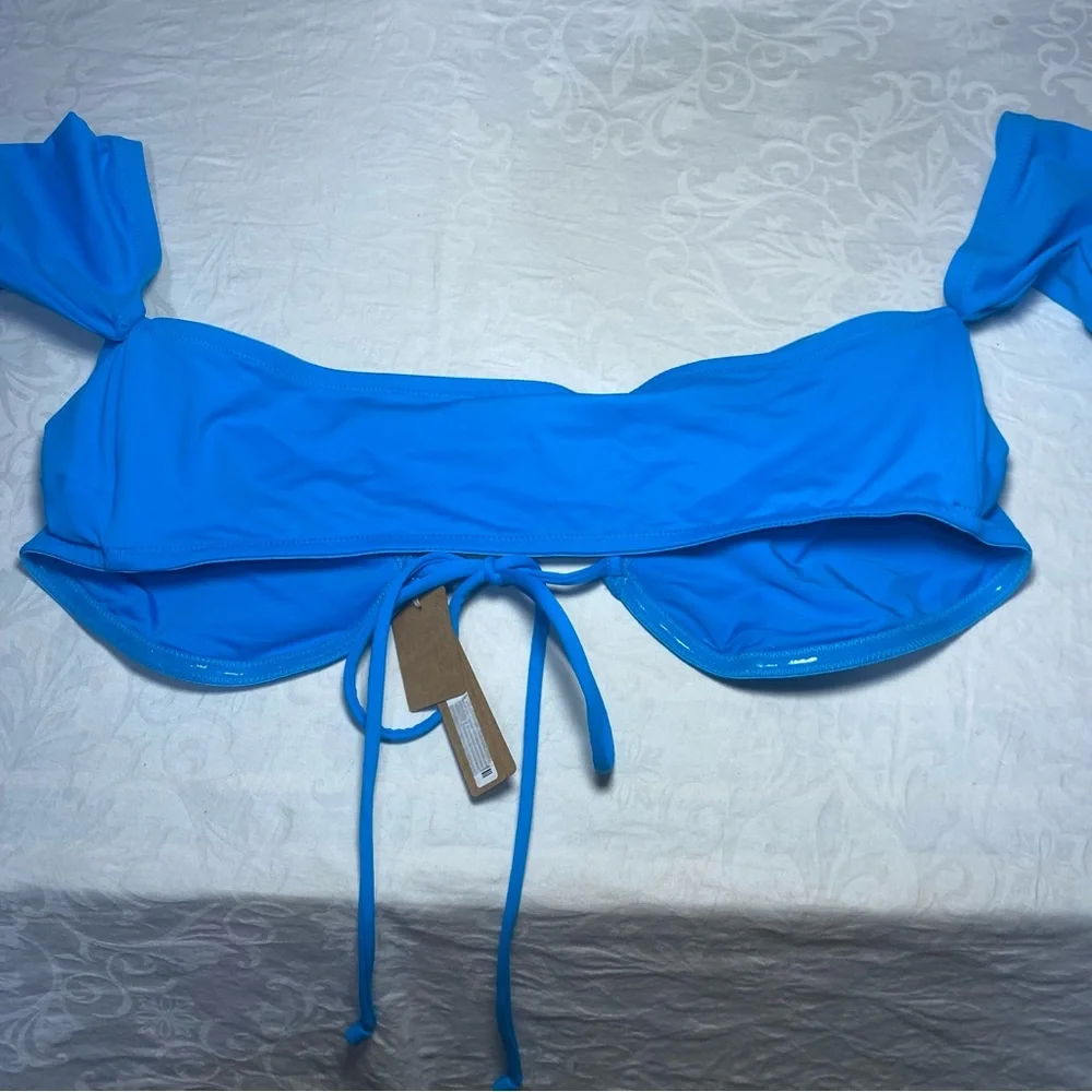 🆕 SKIMS SWIM Long Sleeve Bikini Top Recycled Turquoise XL Blue Off Shoulder NWT